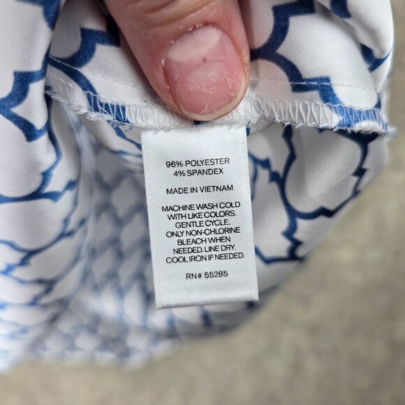 Express Womens Blue White Patterned Zipper Front Cap Sleeve Blouse Size M - Picture 5 of 7